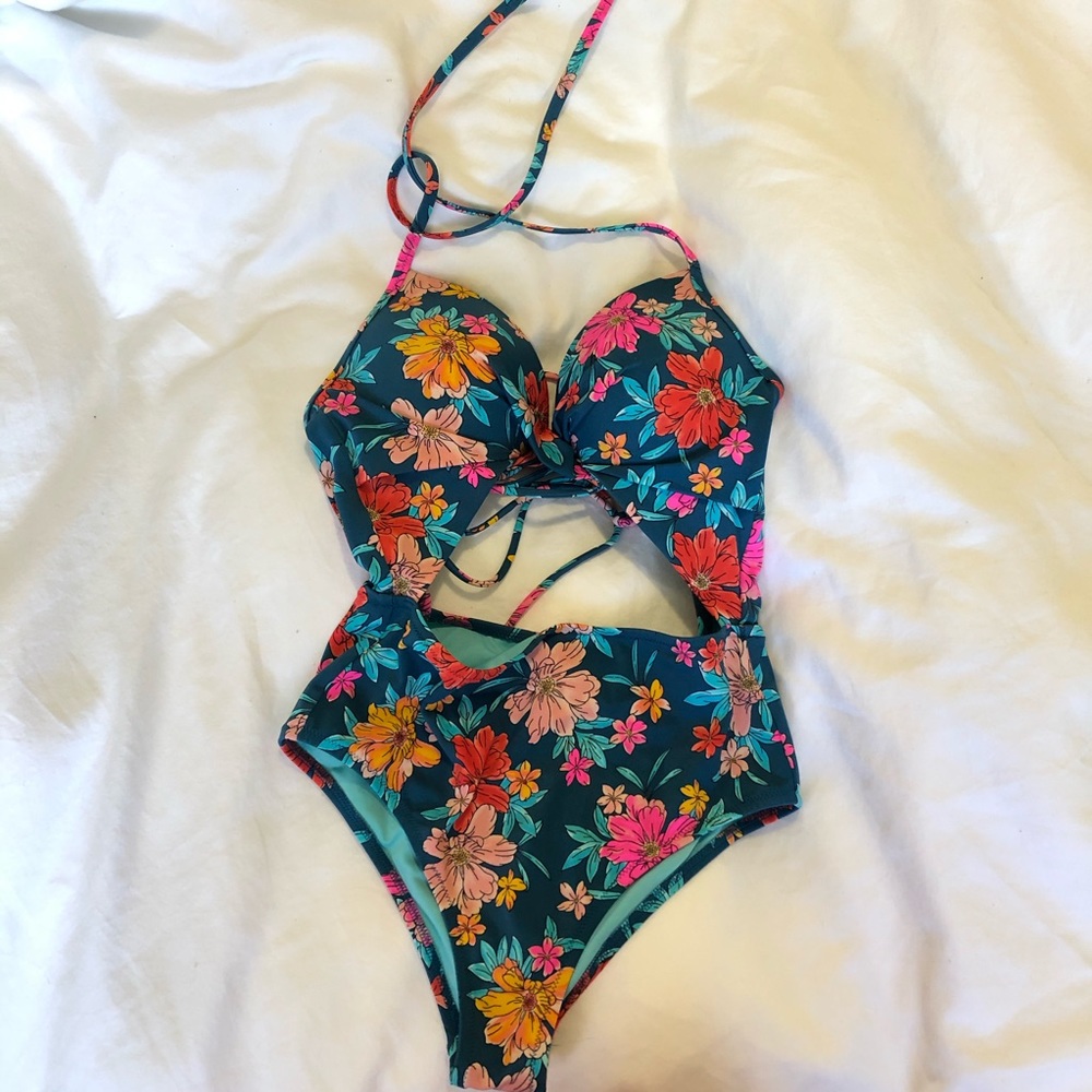 Target Floral Women Swim One Piece - Teal and Multicolor
